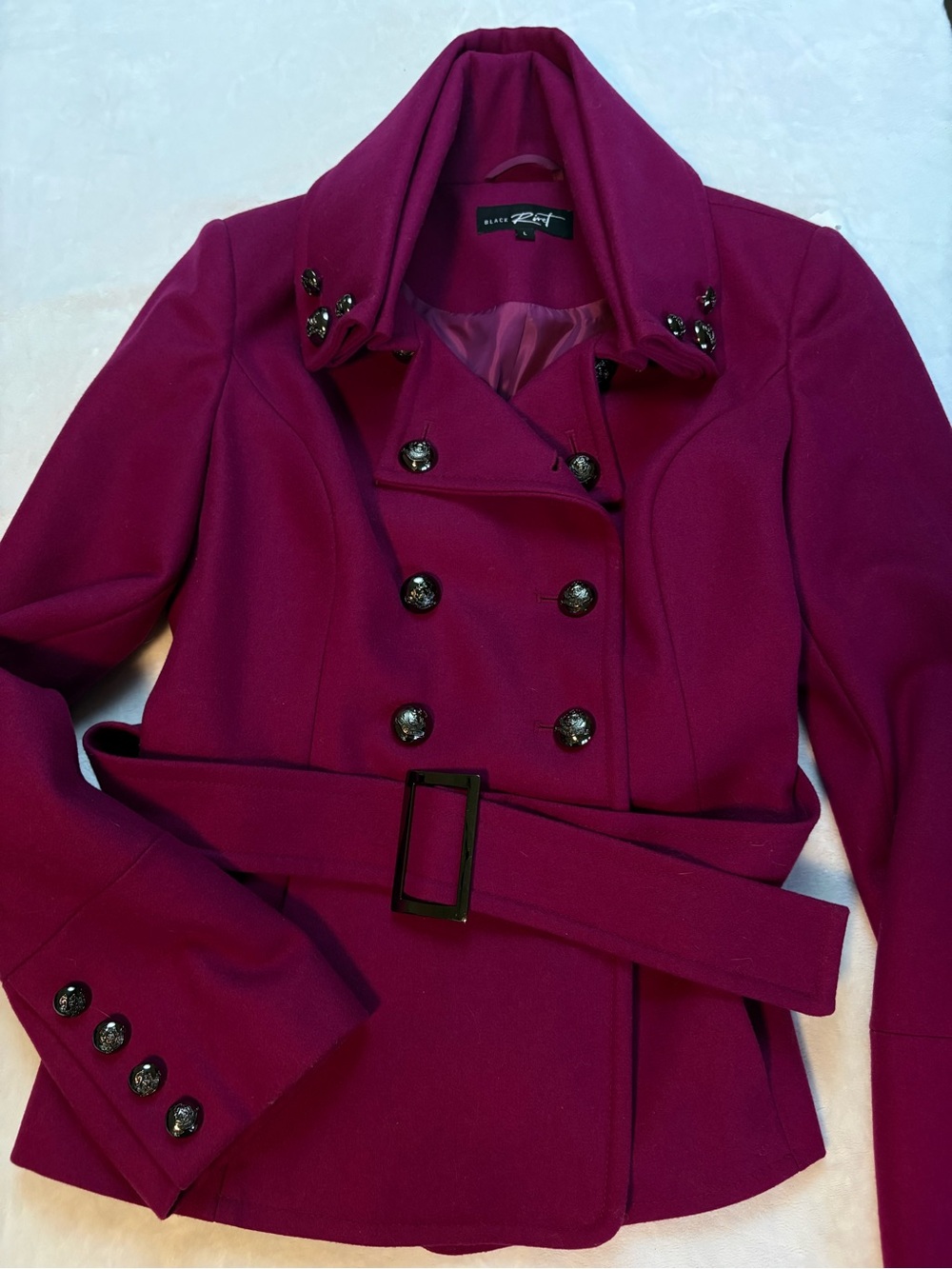 Black Rivet Fuchsia Wine Berry Double-Breasted Belted Pea Coat Size Large